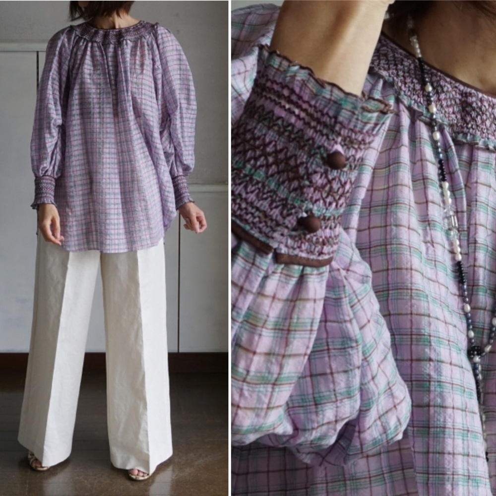 Leur Logette || Smocked Yoke + Cuff Checked Blouse Silk Blend‎ Purple
